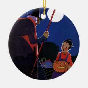Vintage Halloween, Creepy Witch with Boy Ceramic Ornament
