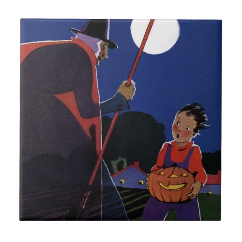 Vintage Halloween Creepy Witch with Boy Ceramic Tile