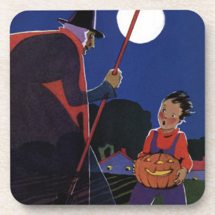 Vintage Halloween, Creepy Witch with Boy Drink Coaster