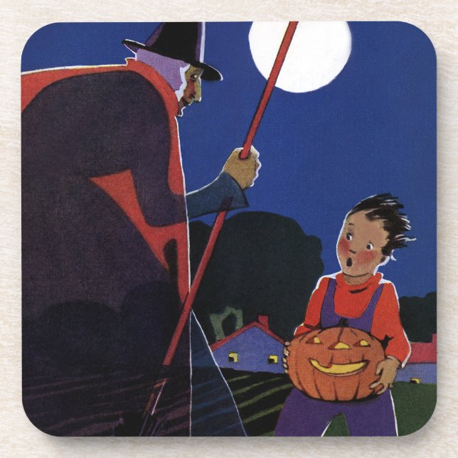 Vintage Halloween, Creepy Witch with Boy Drink Coaster (Front)