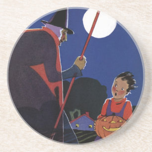 Vintage Halloween, Creepy Witch with Boy Drink Coaster