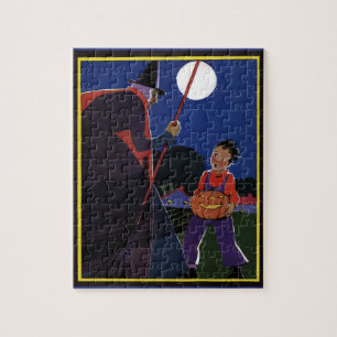 Vintage Halloween, Creepy Witch with Boy Jigsaw Puzzle