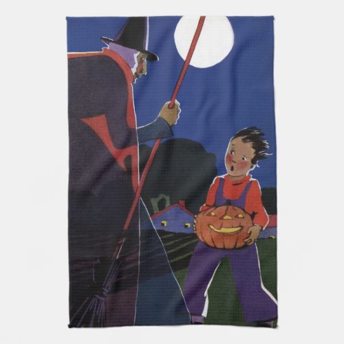 Vintage Halloween Creepy Witch with Boy Kitchen Towel