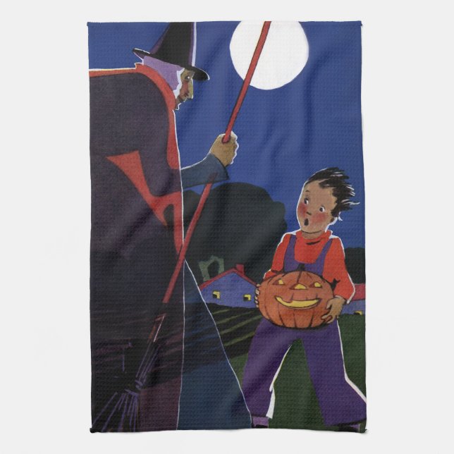 Vintage Halloween, Creepy Witch with Boy Kitchen Towel (Vertical)