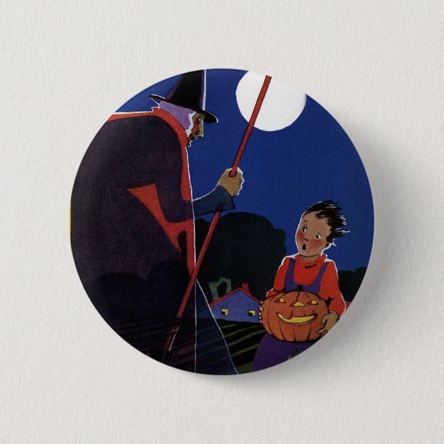 Vintage Halloween, Creepy Witch with Boy Pinback Button (Front)