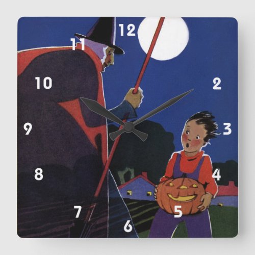 Vintage Halloween Creepy Witch with Boy Square Wall Clock