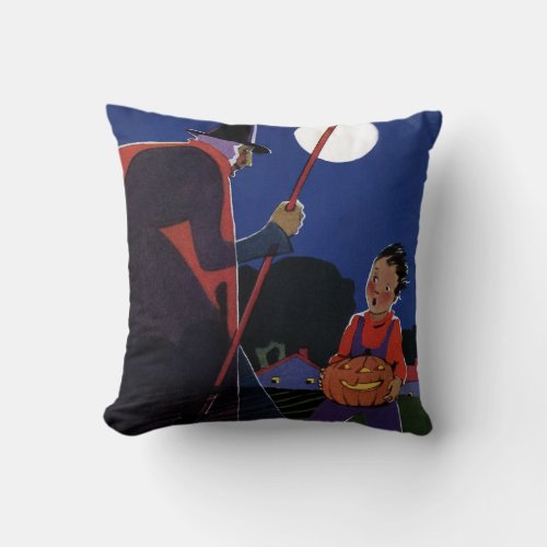 Vintage Halloween Creepy Witch with Boy Throw Pillow
