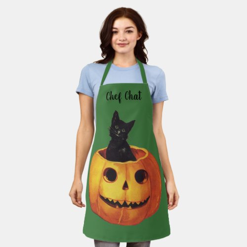 Vintage Halloween Cute Black Cat in a Pumpkin Apron