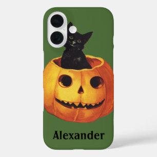 Vintage Halloween, Cute Black Cat in a Pumpkin iPhone 16 Case