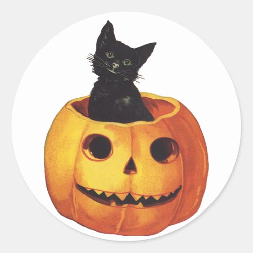 Vintage Halloween Cute Black Cat in a Pumpkin Classic Round Sticker