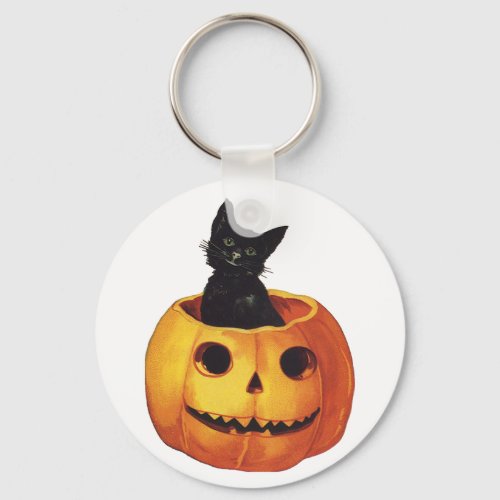 Vintage Halloween Cute Black Cat in a Pumpkin Keychain