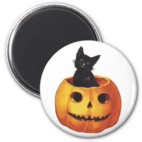 Vintage Halloween Cute Black Cat in a Pumpkin Magnet