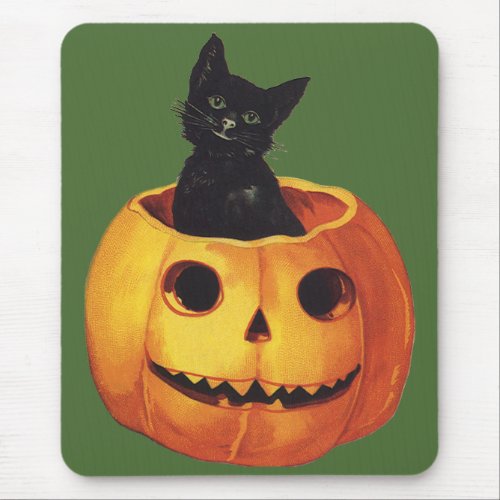 Vintage Halloween Cute Black Cat in a Pumpkin Mouse Pad