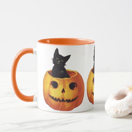 Vintage Halloween Cute Black Cat in a Pumpkin Mug
