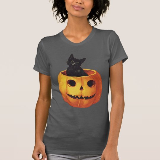 Vintage Halloween Cute Black Cat In A Pumpkin T Shirt Zazzle Com