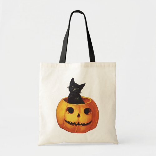 Vintage Halloween Cute Black Cat in a Pumpkin Tote Bag