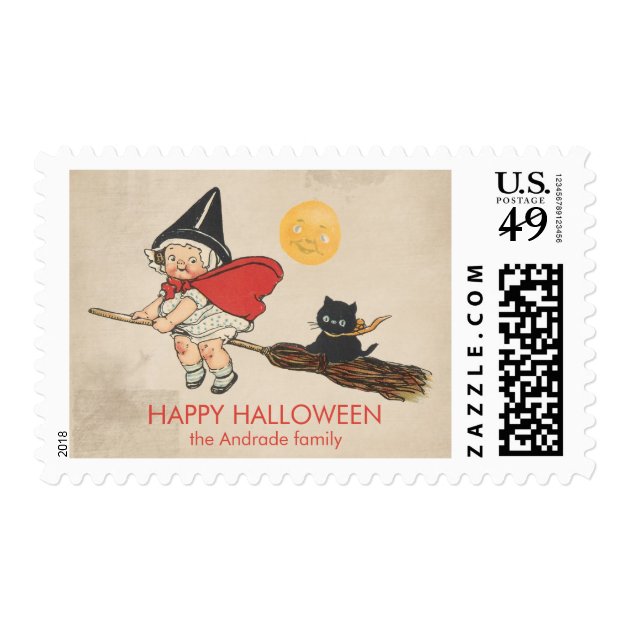 Vintage Halloween Cute Witch Broom Cat Customized Postage