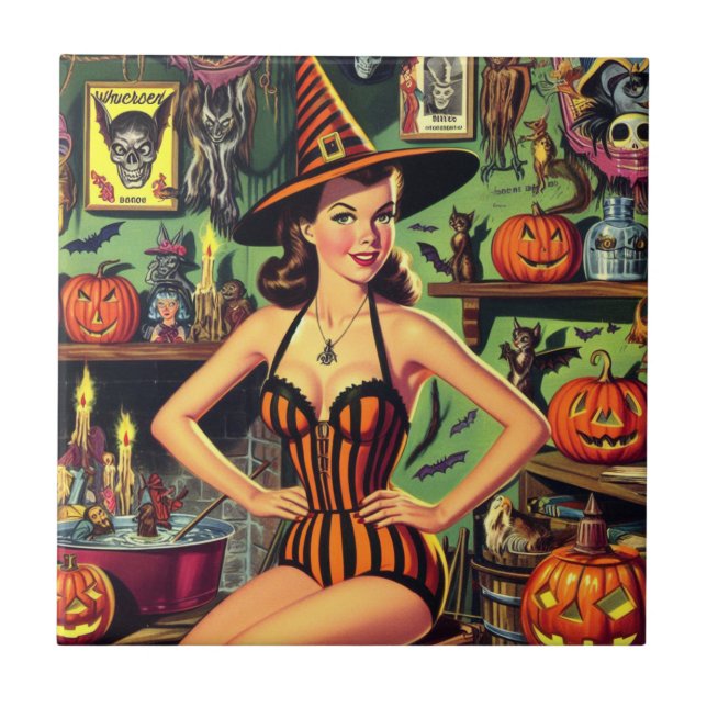 Vintage Halloween Cute Witch Pinup Ceramic Tile (Front)