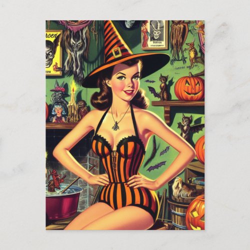 Vintage Halloween Cute Witch Pinup Postcard