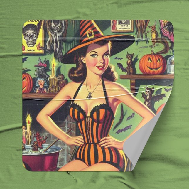Vintage Halloween Cute Witch Pinup Square Sticker (Creator Uploaded)