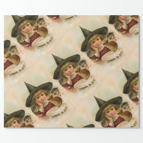 vintage Halloween cutie with kittens Wrapping Paper