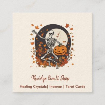 Vintage Halloween Dancing Skeleton Occult Shop Square Business Card by businesscardsforyou at Zazzle