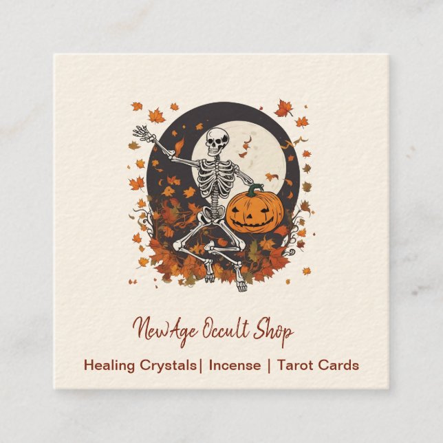 Vintage Halloween Dancing Skeleton Occult Shop Square Business Card (Front)
