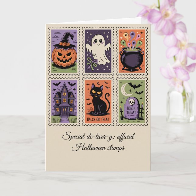 Vintage Halloween Delivery Stamp Card  Spooky fun (Orchid)