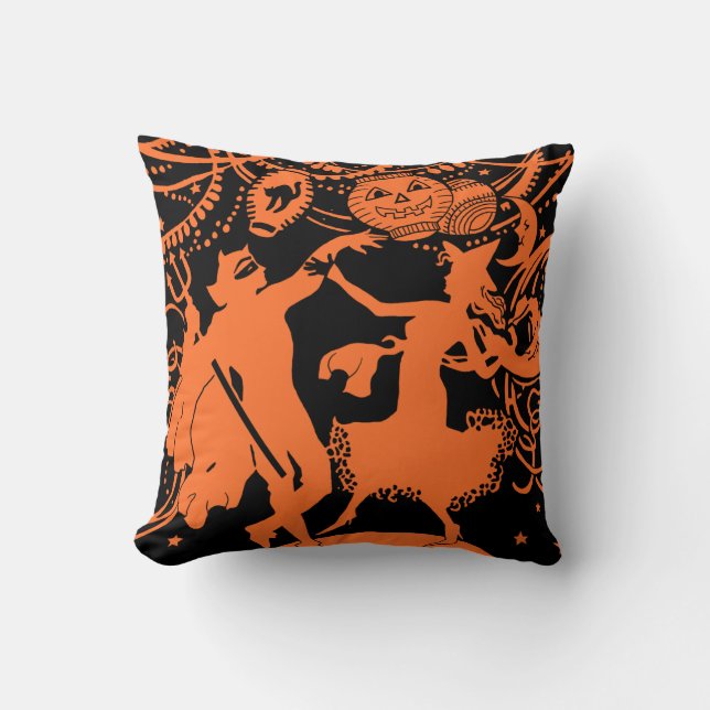 Vintage Halloween Devil Witch Dance Throw Pillow (Front)