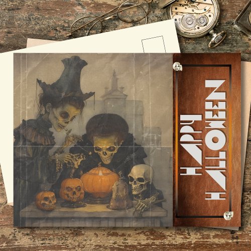 Vintage Halloween Eerie Skeletons Carving Pumpkins Holiday Postcard