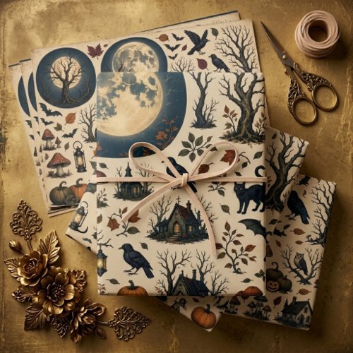 Vintage Halloween Ephemera Aged Antique Full Moon  Wrapping Paper Sheets