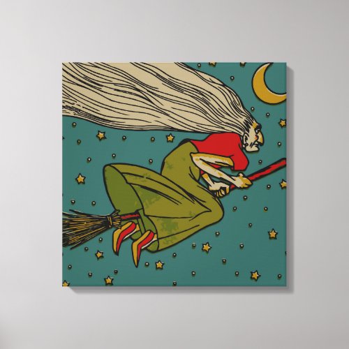 Vintage Halloween Evil Witch Flying on Broomstick Canvas Print