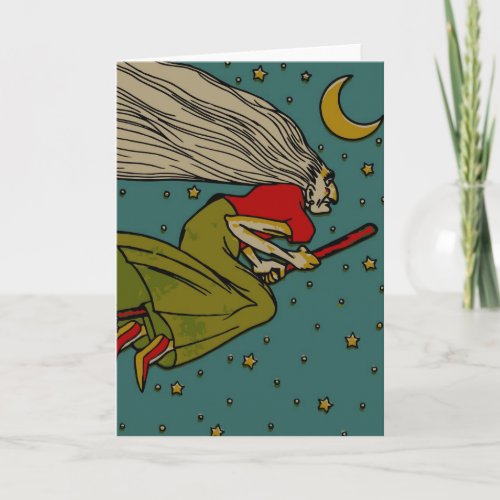 Vintage Halloween Evil Witch Flying on Broomstick Card