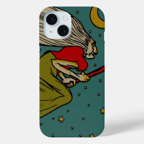 Vintage Halloween Evil Witch Flying on Broomstick iPhone 15 Case