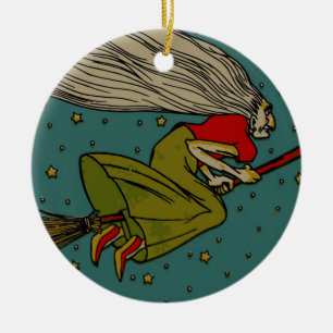 Vintage Halloween, Evil Witch Flying on Broomstick Ceramic Ornament