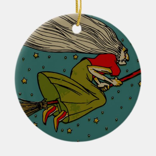 Vintage Halloween Evil Witch Flying on Broomstick Ceramic Ornament