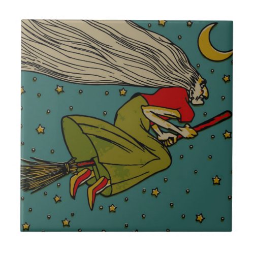 Vintage Halloween Evil Witch Flying on Broomstick Ceramic Tile