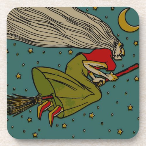 Vintage Halloween Evil Witch Flying on Broomstick Coaster