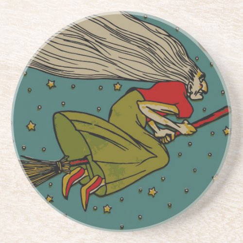 Vintage Halloween Evil Witch Flying on Broomstick Coaster