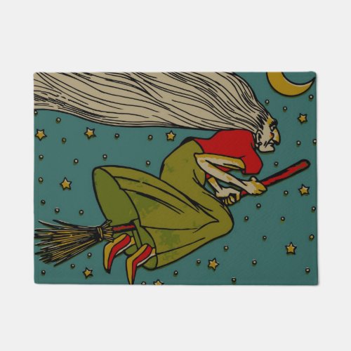 Vintage Halloween Evil Witch Flying on Broomstick Doormat