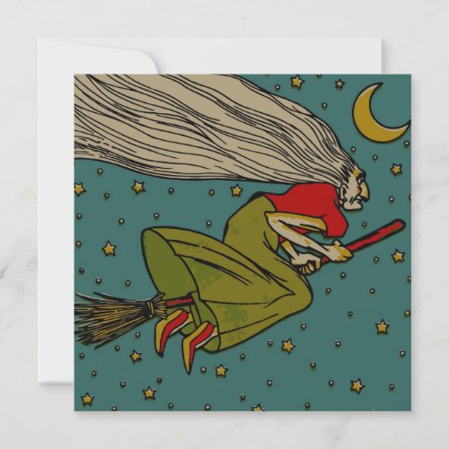 Vintage Halloween Evil Witch Flying on Broomstick Invitation