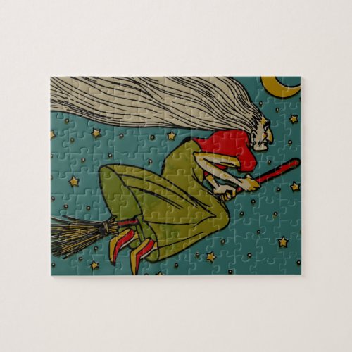 Vintage Halloween Evil Witch Flying on Broomstick Jigsaw Puzzle
