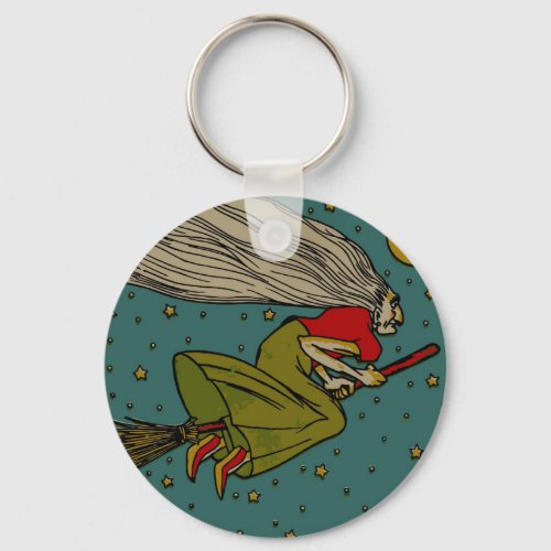 Vintage Halloween Evil Witch Flying on Broomstick Keychain