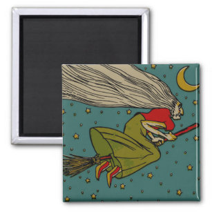 Vintage Halloween, Evil Witch Flying on Broomstick Magnet
