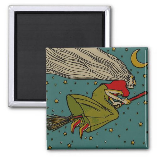 Vintage Halloween Evil Witch Flying on Broomstick Magnet