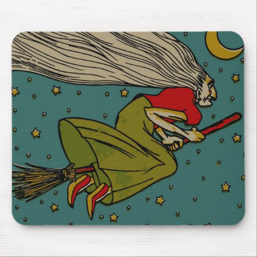 Vintage Halloween Evil Witch Flying on Broomstick Mouse Pad