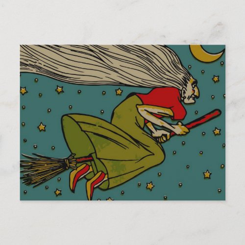 Vintage Halloween Evil Witch Flying on Broomstick Postcard