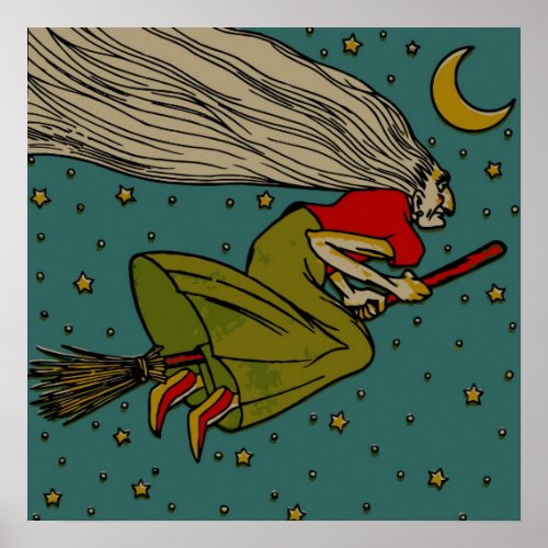 Vintage Halloween Evil Witch Flying on Broomstick Poster