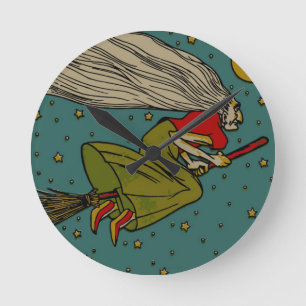 Vintage Halloween, Evil Witch Flying on Broomstick Round Clock