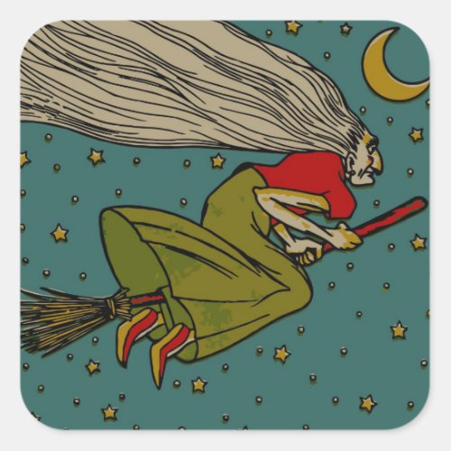 Vintage Halloween Evil Witch Flying on Broomstick Square Sticker